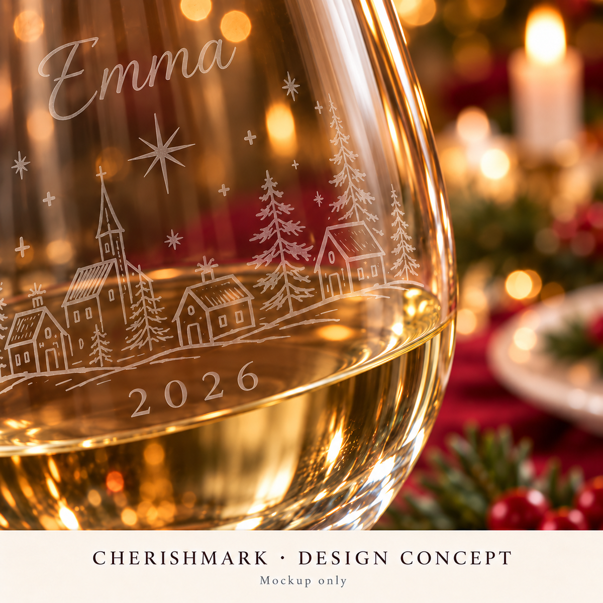 CherishMark wine360: original AI-generated Christmas design concept, not an actual product photograph or tested engraving sample. Physical scale illustrative; props not included. Light frosted-engraving visualisation; not opaque printed ink or a guaranteed physical finish.