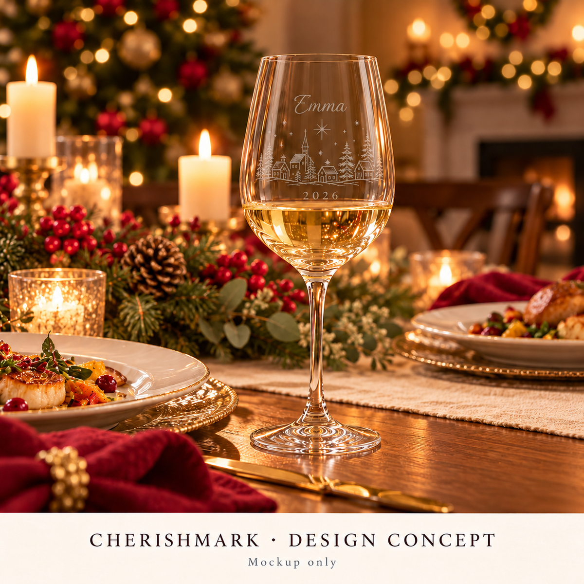 CherishMark wine360: original AI-generated Christmas design concept, not an actual product photograph or tested engraving sample. Physical scale illustrative; props not included. Light frosted-engraving visualisation; not opaque printed ink or a guaranteed physical finish.