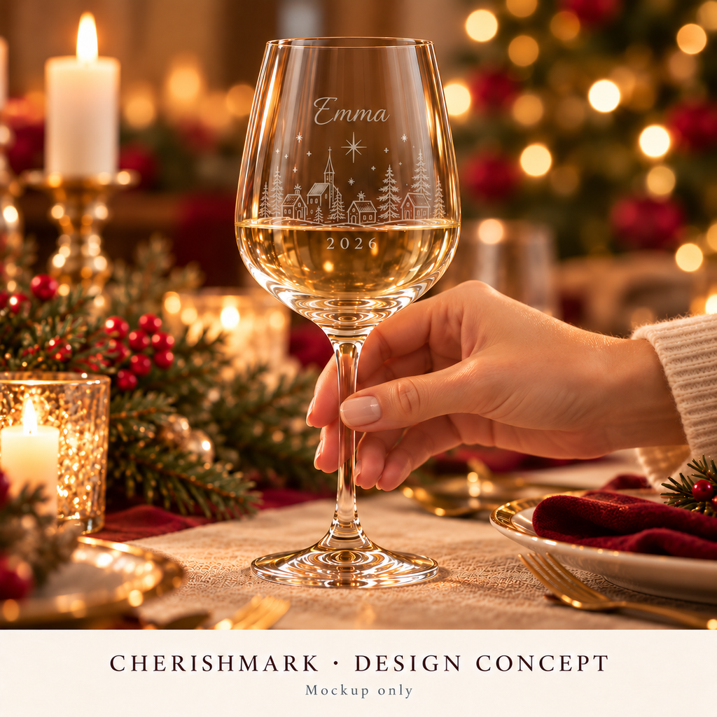 CherishMark wine360: original AI-generated Christmas design concept, not an actual product photograph or tested engraving sample. Physical scale illustrative; props not included. Light frosted-engraving visualisation; not opaque printed ink or a guaranteed physical finish.