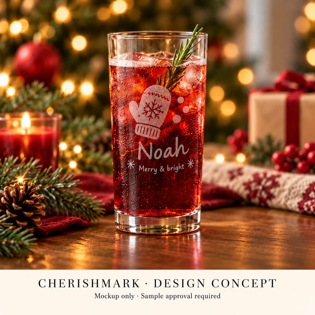 Original highball285 personalised product design concept; AI-generated mockup, not a finished-product photograph. Light frosted-engraving visualisation; not opaque printed ink or a guaranteed physical finish.