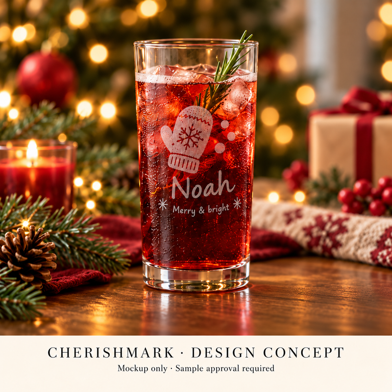 Original highball285 personalised product design concept; AI-generated mockup, not a finished-product photograph. Light frosted-engraving visualisation; not opaque printed ink or a guaranteed physical finish.