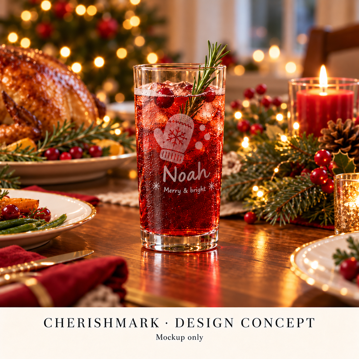 CherishMark highball285: original AI-generated design concept, not an actual product photograph, manufacturing proof or physical scale reference. Styling props not included. Light frosted-engraving visualisation; not opaque printed ink or a guaranteed physical finish.
