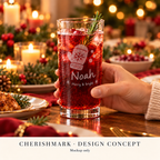 CherishMark highball285: original AI-generated design concept, not an actual product photograph, manufacturing proof or physical scale reference. Styling props not included. Light frosted-engraving visualisation; not opaque printed ink or a guaranteed physical finish.