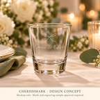 CherishMark personalised 50 ml shot glass: AI-generated design concept, not an actual product photograph. Blank and engraving sample approval required; styling props not included. Light frosted-engraving visualisation; not opaque printed ink or a guaranteed physical finish.