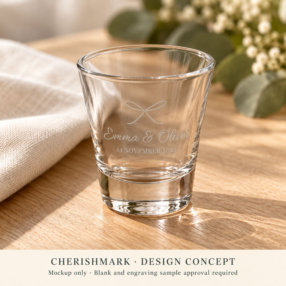 CherishMark personalised 50 ml shot glass: AI-generated design concept, not an actual product photograph. Blank and engraving sample approval required; styling props not included. Light frosted-engraving visualisation; not opaque printed ink or a guaranteed physical finish.