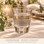 CherishMark personalised 50 ml shot glass: AI-generated design concept, not an actual product photograph. Blank and engraving sample approval required; styling props not included. Light frosted-engraving visualisation; not opaque printed ink or a guaranteed physical finish.