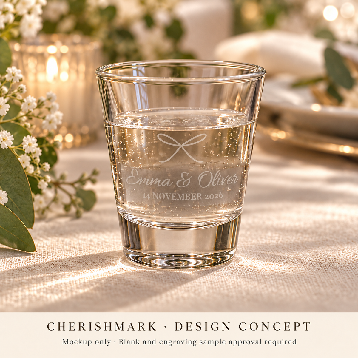 CherishMark personalised 50 ml shot glass: AI-generated design concept, not an actual product photograph. Blank and engraving sample approval required; styling props not included. Light frosted-engraving visualisation; not opaque printed ink or a guaranteed physical finish.