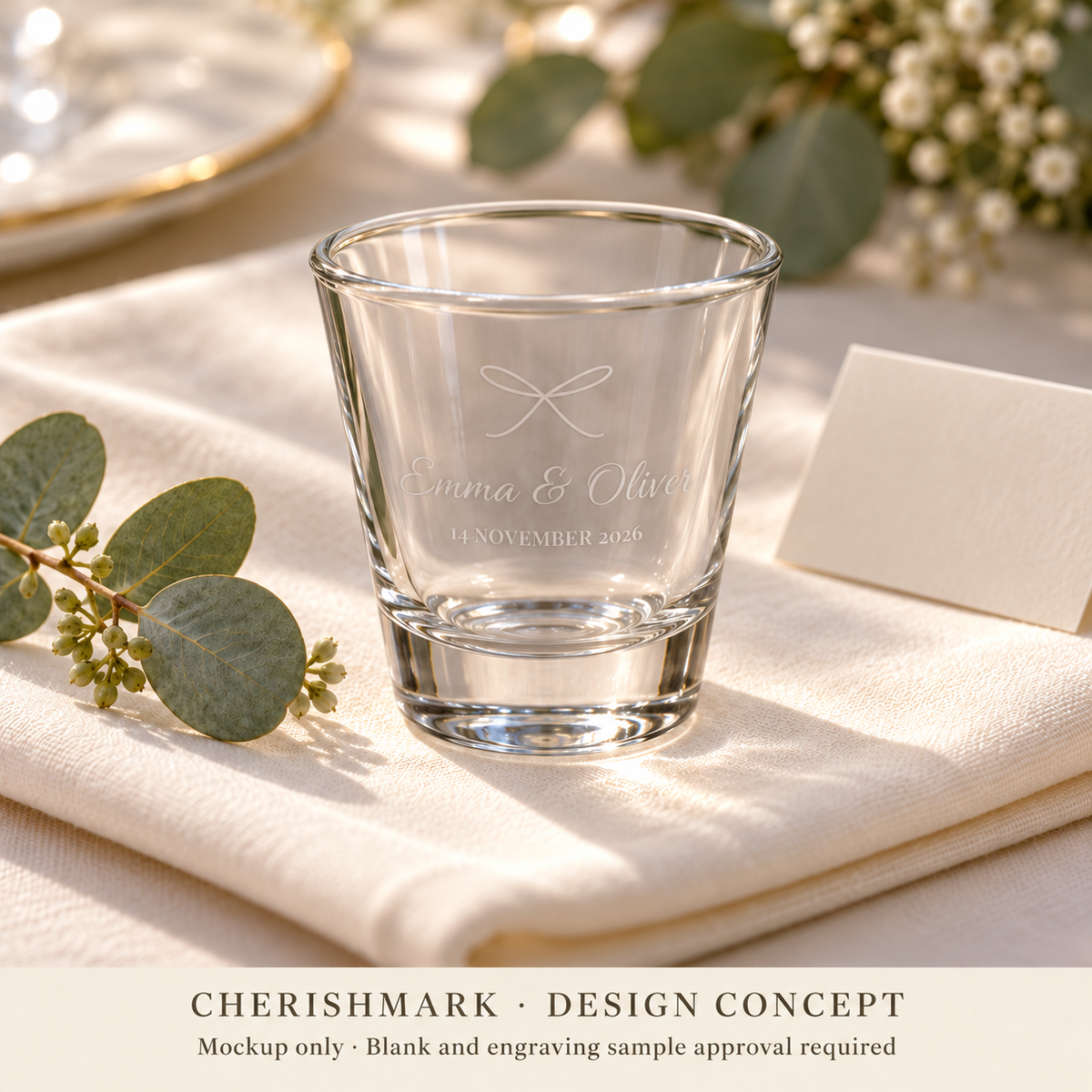 CherishMark personalised 50 ml shot glass: AI-generated design concept, not an actual product photograph. Blank and engraving sample approval required; styling props not included. Light frosted-engraving visualisation; not opaque printed ink or a guaranteed physical finish.