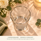 CherishMark personalised 50 ml shot glass: AI-generated design concept, not an actual product photograph. Blank and engraving sample approval required; styling props not included. Light frosted-engraving visualisation; not opaque printed ink or a guaranteed physical finish.
