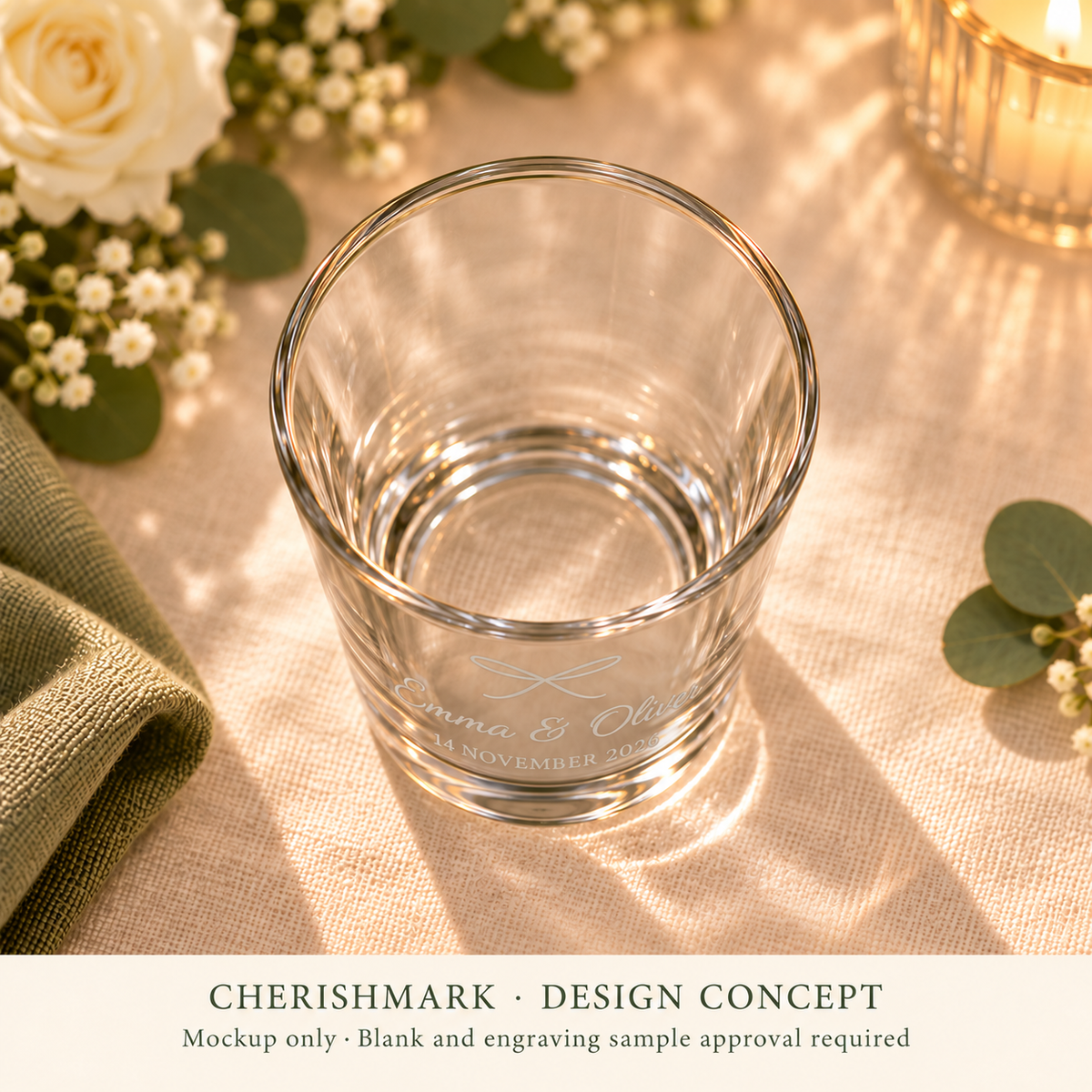 CherishMark personalised 50 ml shot glass: AI-generated design concept, not an actual product photograph. Blank and engraving sample approval required; styling props not included. Light frosted-engraving visualisation; not opaque printed ink or a guaranteed physical finish.