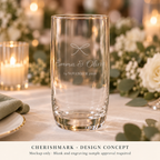 CherishMark personalised 350 ml drinking glass: AI-generated design concept, not an actual product photograph. Blank and engraving sample approval required; styling props not included. Light frosted-engraving visualisation; not opaque printed ink or a guaranteed physical finish.