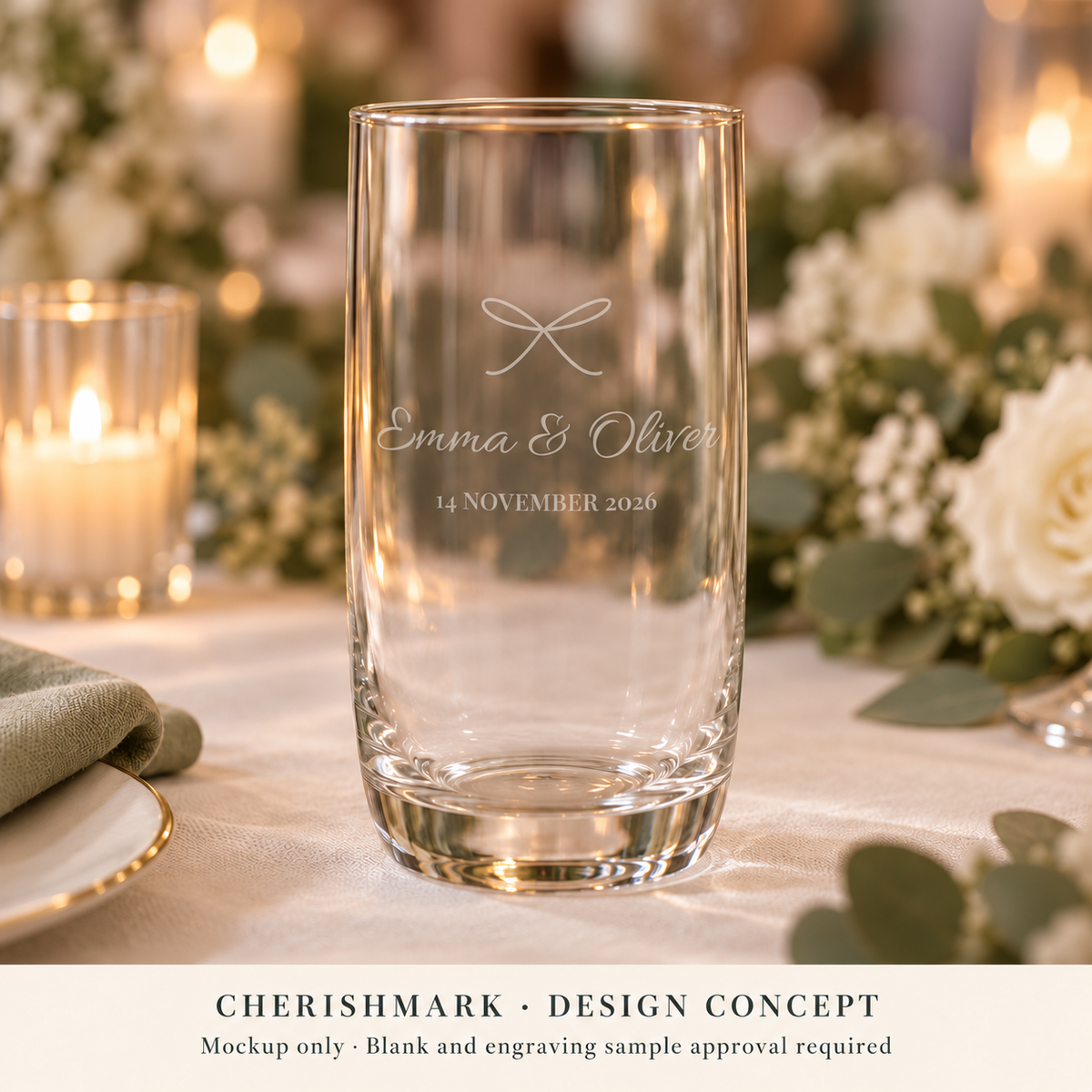 CherishMark personalised 350 ml drinking glass: AI-generated design concept, not an actual product photograph. Blank and engraving sample approval required; styling props not included. Light frosted-engraving visualisation; not opaque printed ink or a guaranteed physical finish.