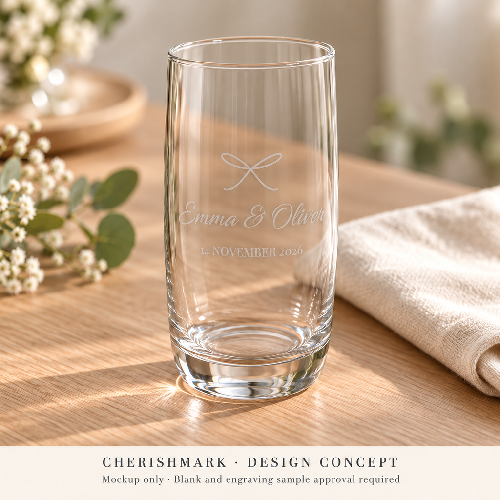 CherishMark personalised 350 ml drinking glass: AI-generated design concept, not an actual product photograph. Blank and engraving sample approval required; styling props not included. Light frosted-engraving visualisation; not opaque printed ink or a guaranteed physical finish.