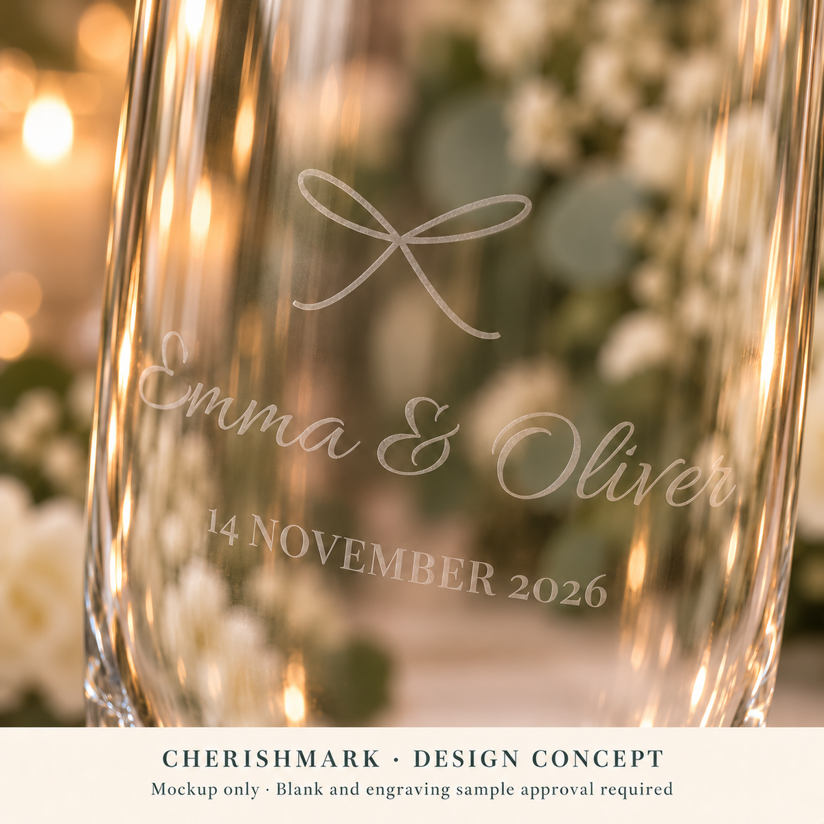CherishMark personalised 350 ml drinking glass: AI-generated design concept, not an actual product photograph. Blank and engraving sample approval required; styling props not included. Light frosted-engraving visualisation; not opaque printed ink or a guaranteed physical finish.