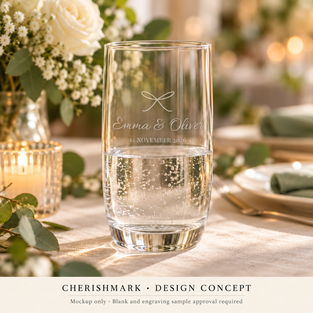 CherishMark personalised 350 ml drinking glass: AI-generated design concept, not an actual product photograph. Blank and engraving sample approval required; styling props not included. Light frosted-engraving visualisation; not opaque printed ink or a guaranteed physical finish.