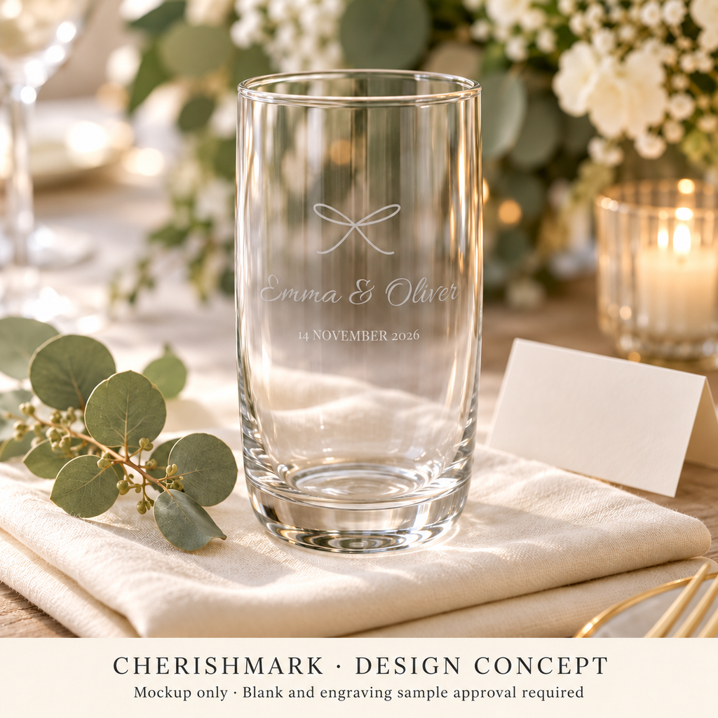 CherishMark personalised 350 ml drinking glass: AI-generated design concept, not an actual product photograph. Blank and engraving sample approval required; styling props not included. Light frosted-engraving visualisation; not opaque printed ink or a guaranteed physical finish.