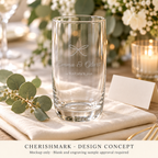 CherishMark personalised 350 ml drinking glass: AI-generated design concept, not an actual product photograph. Blank and engraving sample approval required; styling props not included. Light frosted-engraving visualisation; not opaque printed ink or a guaranteed physical finish.