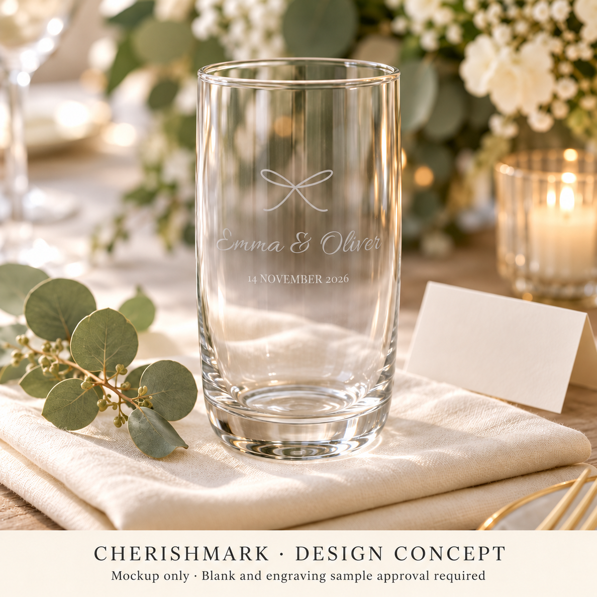 CherishMark personalised 350 ml drinking glass: AI-generated design concept, not an actual product photograph. Blank and engraving sample approval required; styling props not included. Light frosted-engraving visualisation; not opaque printed ink or a guaranteed physical finish.