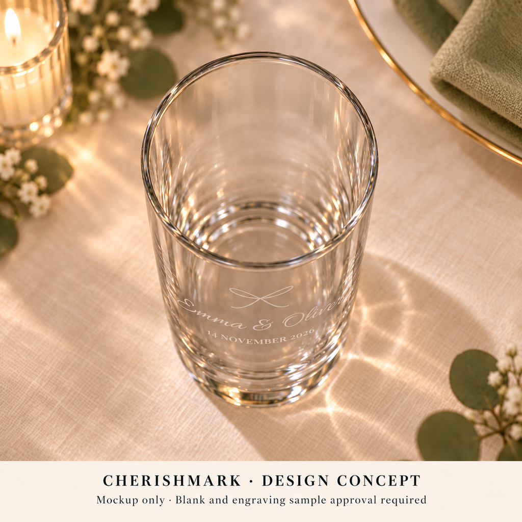 CherishMark personalised 350 ml drinking glass: AI-generated design concept, not an actual product photograph. Blank and engraving sample approval required; styling props not included. Light frosted-engraving visualisation; not opaque printed ink or a guaranteed physical finish.