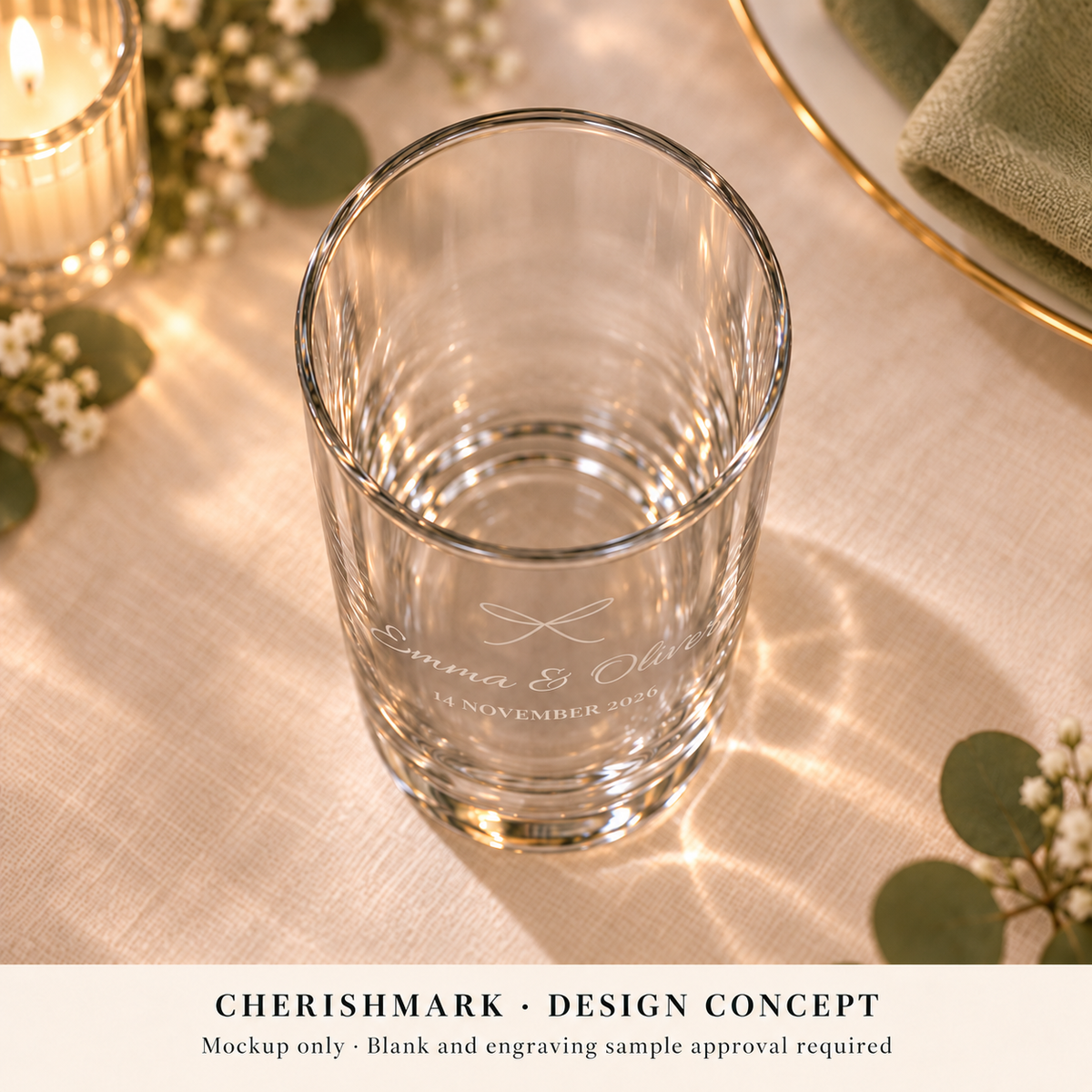 CherishMark personalised 350 ml drinking glass: AI-generated design concept, not an actual product photograph. Blank and engraving sample approval required; styling props not included. Light frosted-engraving visualisation; not opaque printed ink or a guaranteed physical finish.