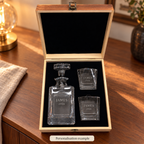 Personalisation example showing JAMES 2026 on the decanter and both glasses Light frosted-engraving visualisation; not opaque printed ink or a guaranteed physical finish.