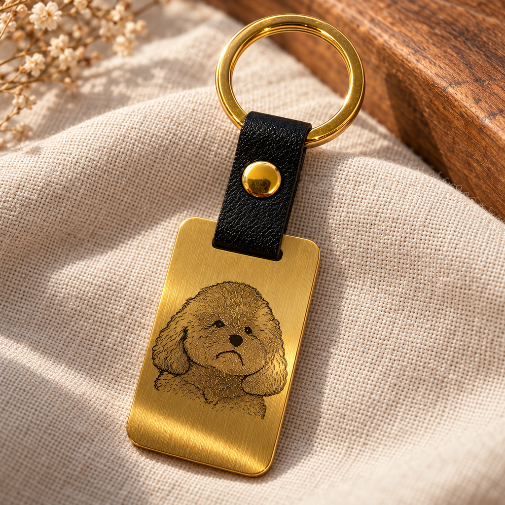 Illustrative gold stainless steel and black leather keyring: 01-cover-dog-engraving