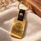 Illustrative gold stainless steel and black leather keyring: 01-cover-dog-engraving