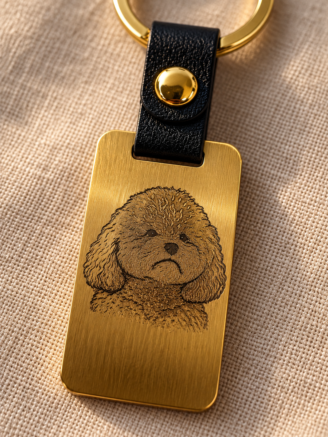 Illustrative gold stainless steel and black leather keyring: 04-engraving-macro