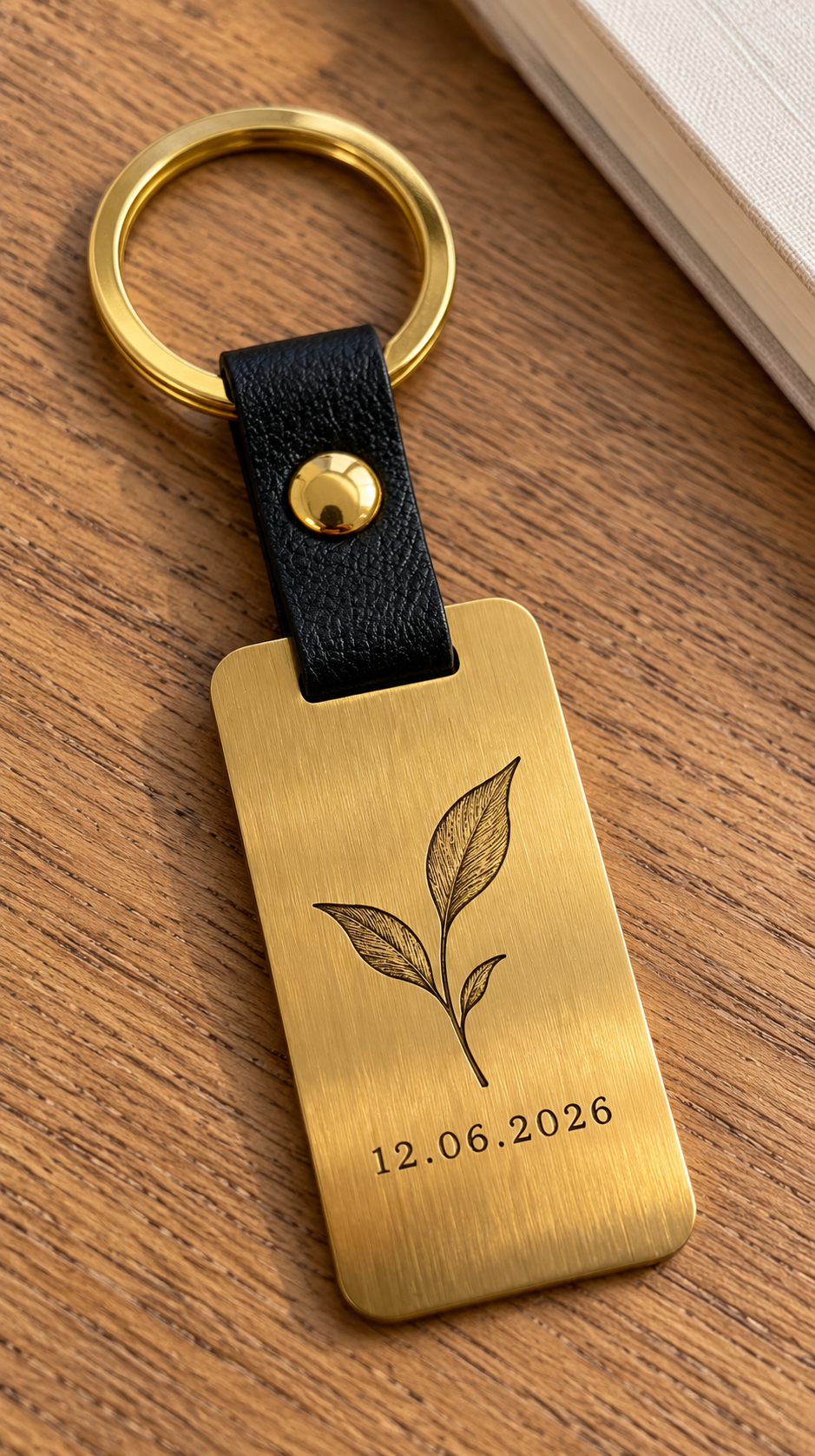 Illustrative gold stainless steel and black leather keyring: 06-botanical-date