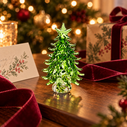 Style 01 Green Classic mini glass Christmas tree in a festive tabletop scene — illustrative scene; one tree sold separately.