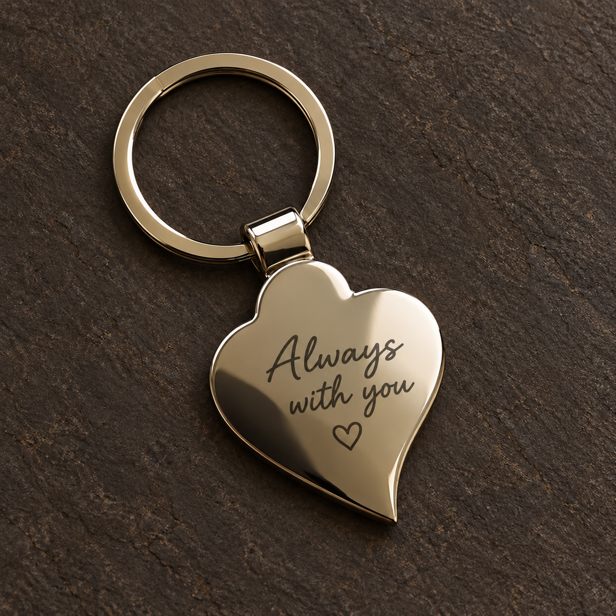 Always with you metal reverse engraving example in reference-matched dark grey finish; generated illustration, actual reflections and engraving may vary