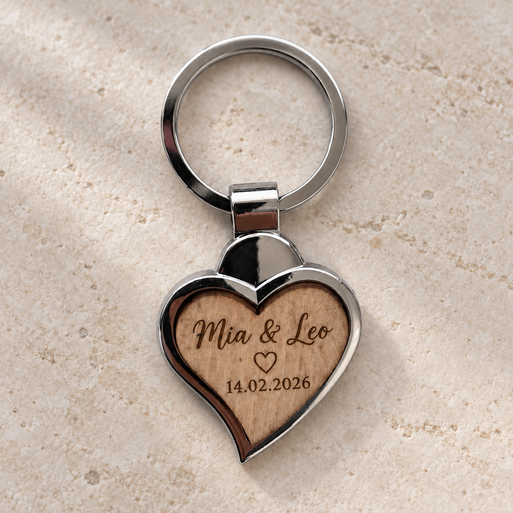 Mia and Leo with date engraving example; generated illustration, not a photographed finished sample