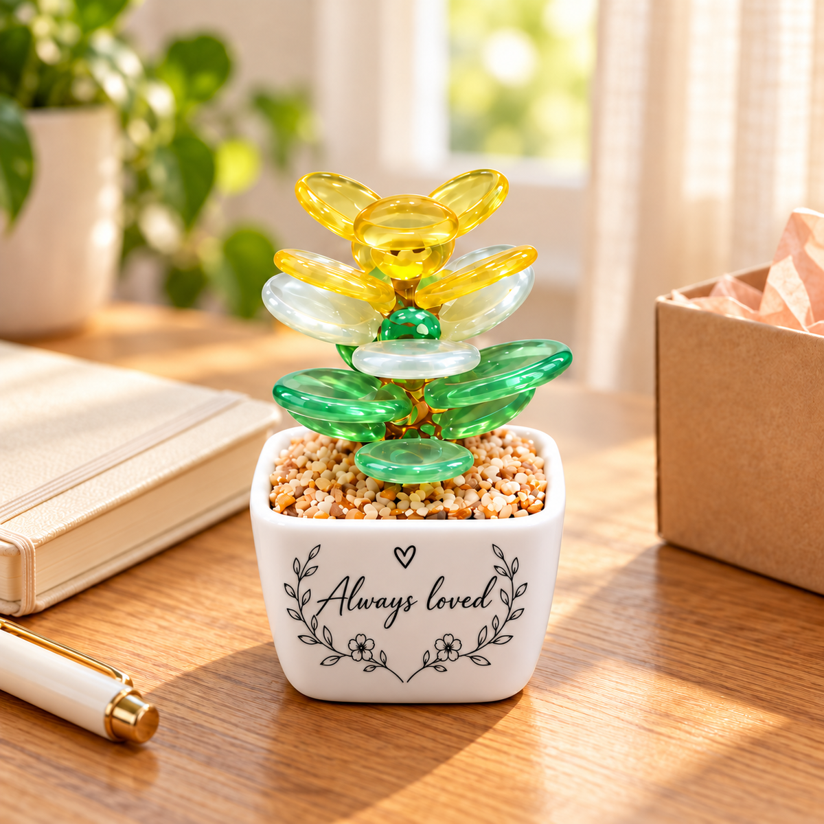 01 · Pastel Succulent / Personalised mini flower pot in a gift setting — illustrative lifestyle scene; personalisation shown is an example where selected; styling props not included.