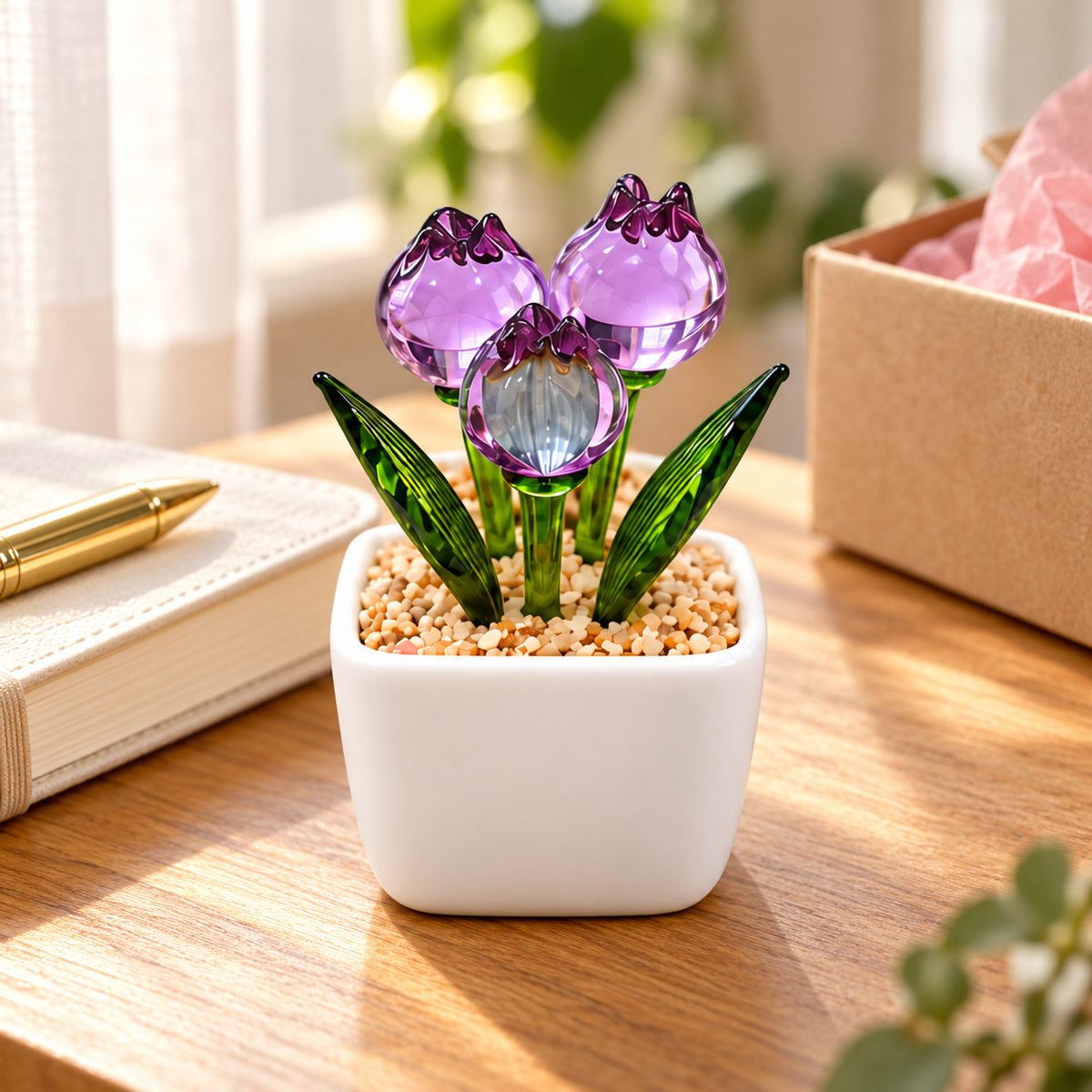 02 · Purple Tulips / No Personalisation mini flower pot in a gift setting — illustrative lifestyle scene; personalisation shown is an example where selected; styling props not included.