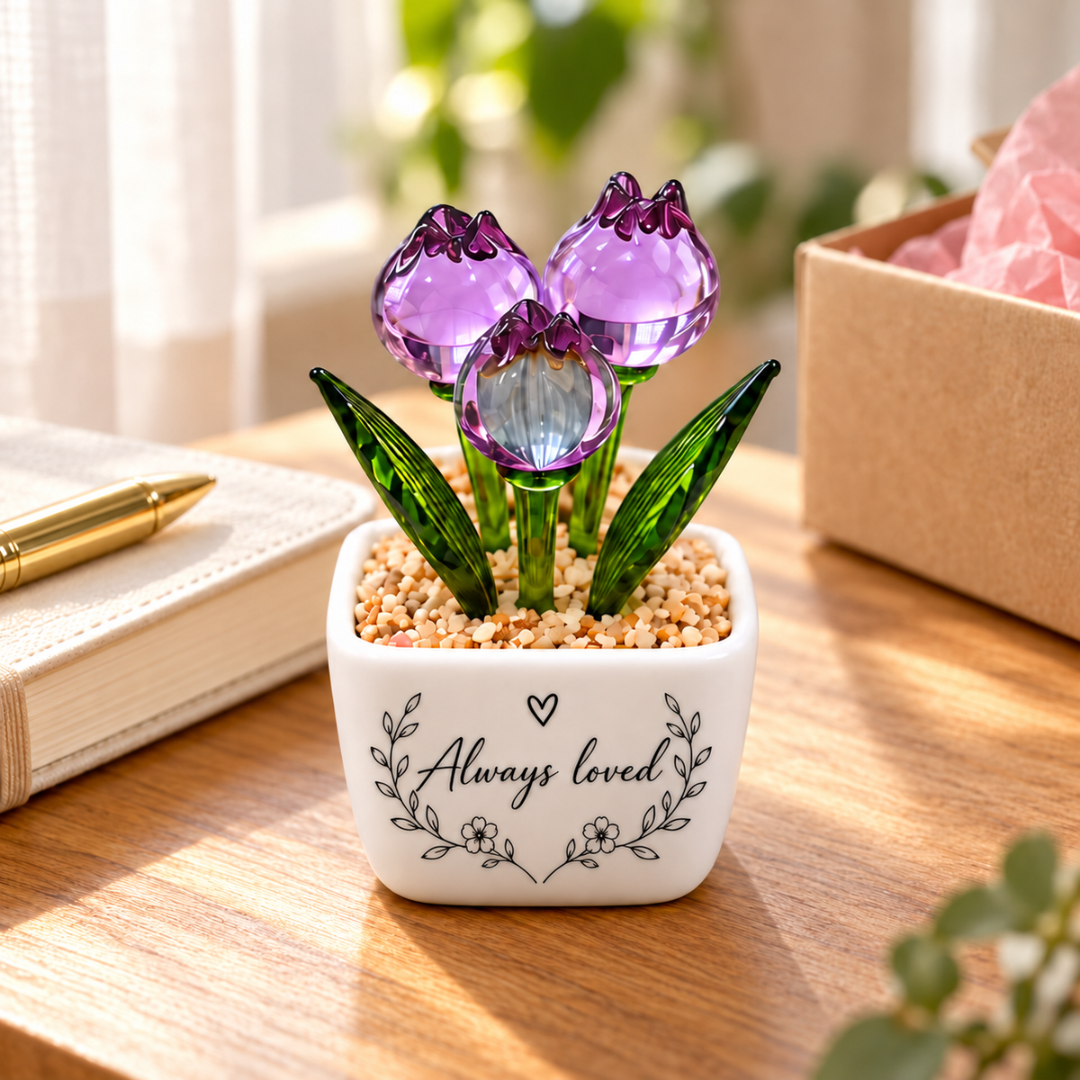 02 · Purple Tulips / Personalised mini flower pot in a gift setting — illustrative lifestyle scene; personalisation shown is an example where selected; styling props not included.