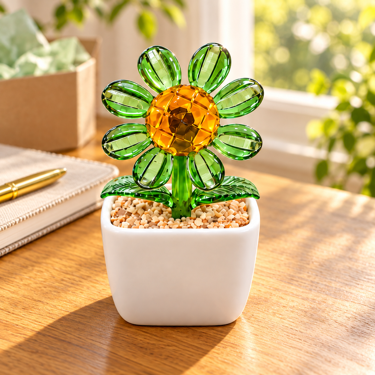 03 · Green Sunflower / No Personalisation mini flower pot in a gift setting — illustrative lifestyle scene; personalisation shown is an example where selected; styling props not included.