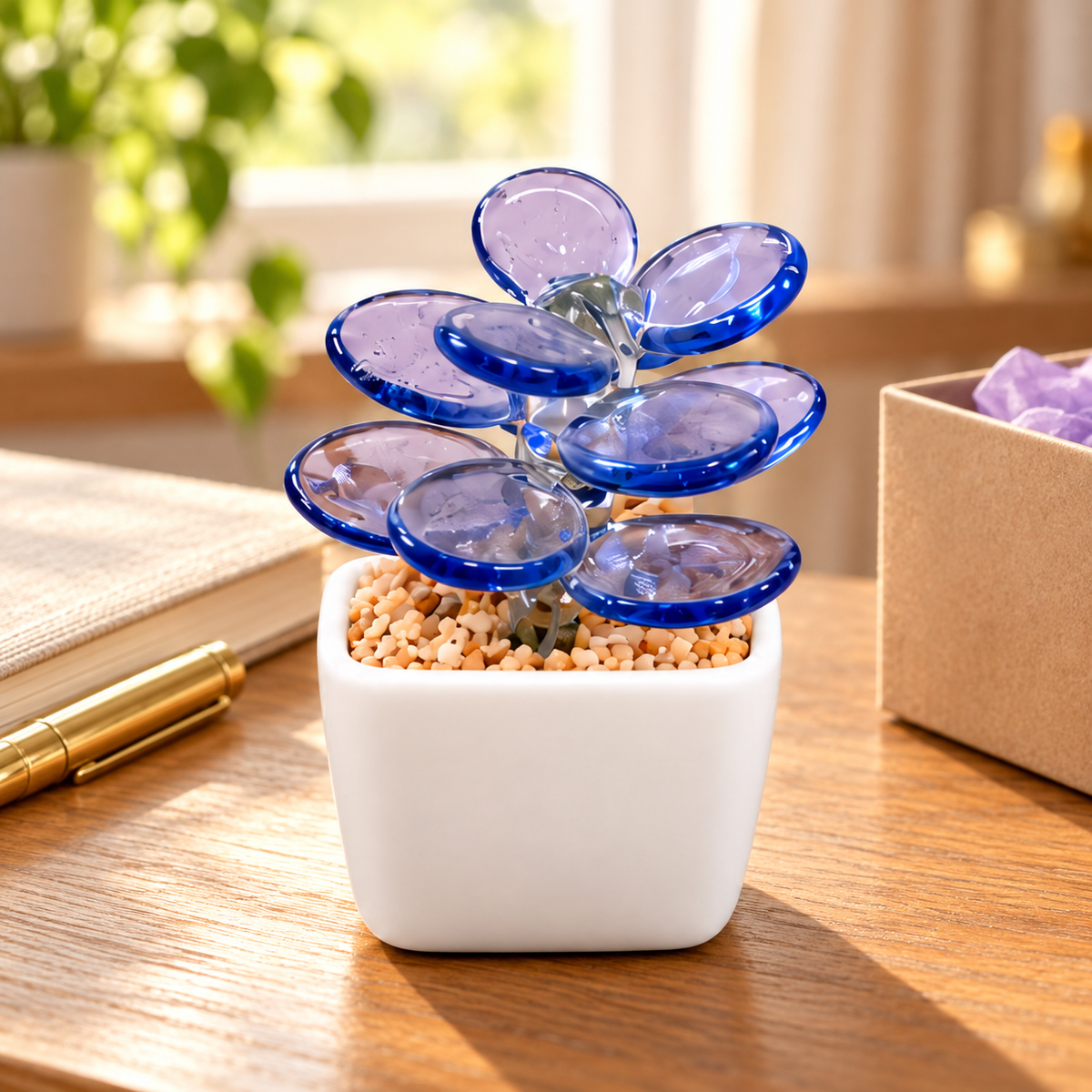 04 · Lavender Paddle Succulent / No Personalisation mini flower pot in a gift setting — illustrative lifestyle scene; personalisation shown is an example where selected; styling props not included.
