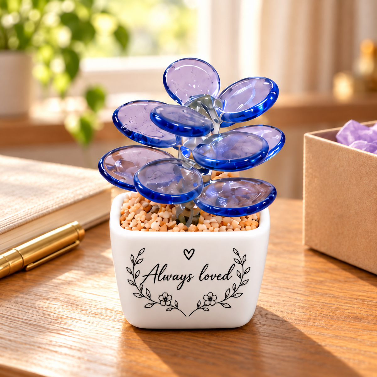 04 · Lavender Paddle Succulent / Personalised mini flower pot in a gift setting — illustrative lifestyle scene; personalisation shown is an example where selected; styling props not included.