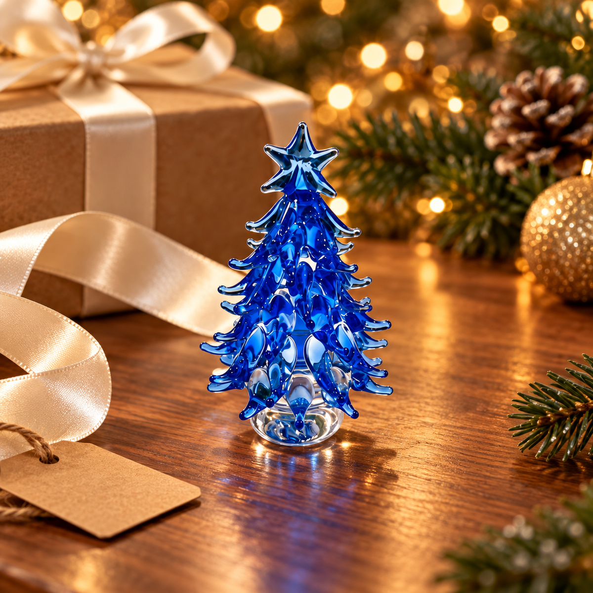 Style 03 Blue Classic mini glass Christmas tree in a festive tabletop setting — illustrative scene; one tree sold separately; props not included.