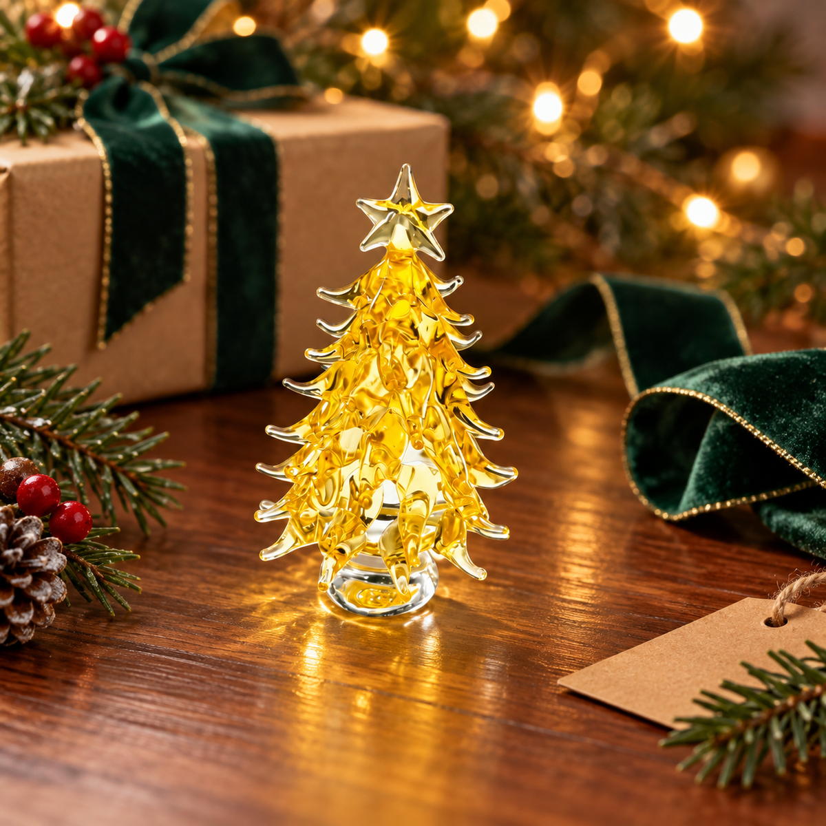 Style 04 Golden Classic mini glass Christmas tree in a festive tabletop setting — illustrative scene; one tree sold separately; props not included.