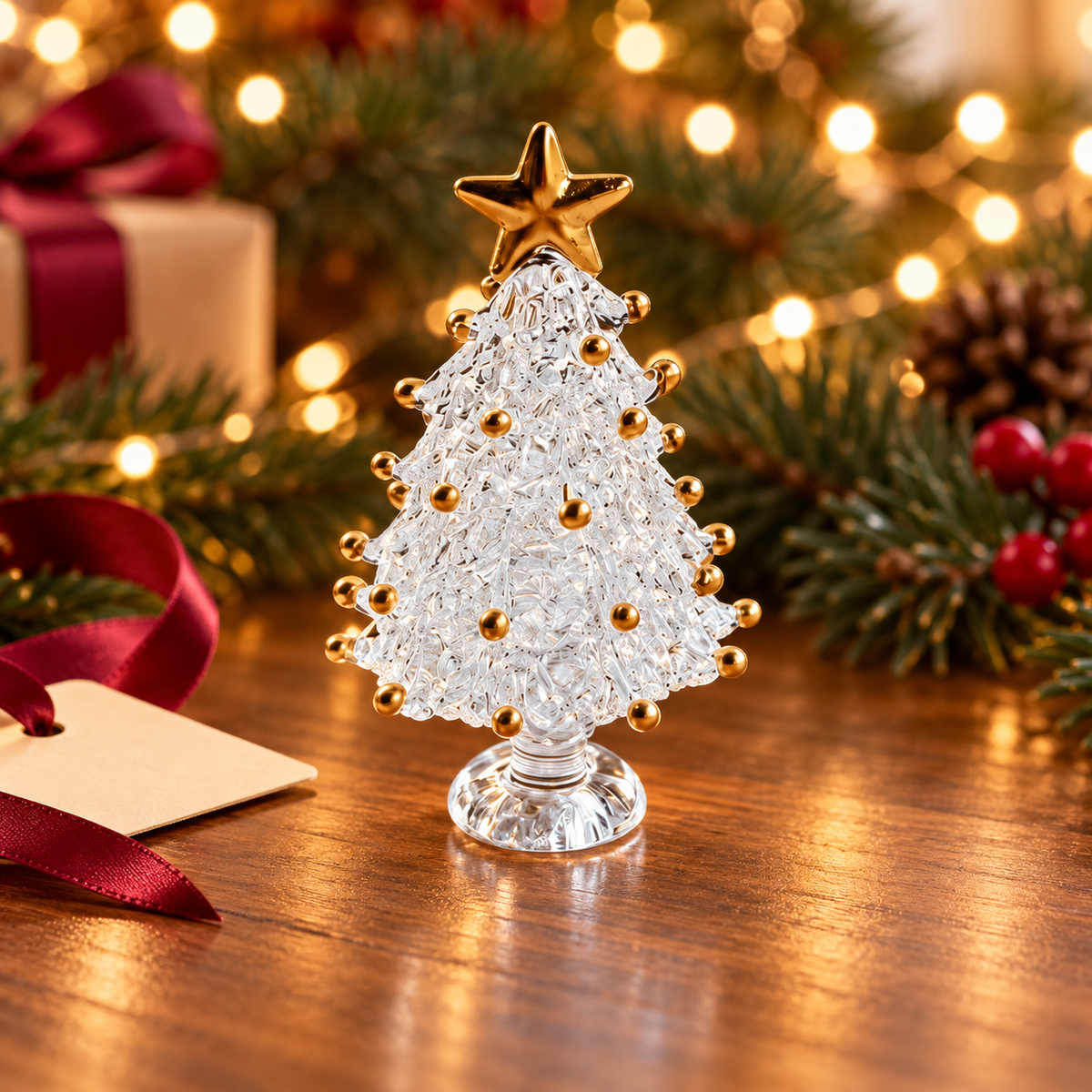 Style 06 Golden Texture mini glass Christmas tree in a festive tabletop setting — illustrative scene; one tree sold separately; props not included.