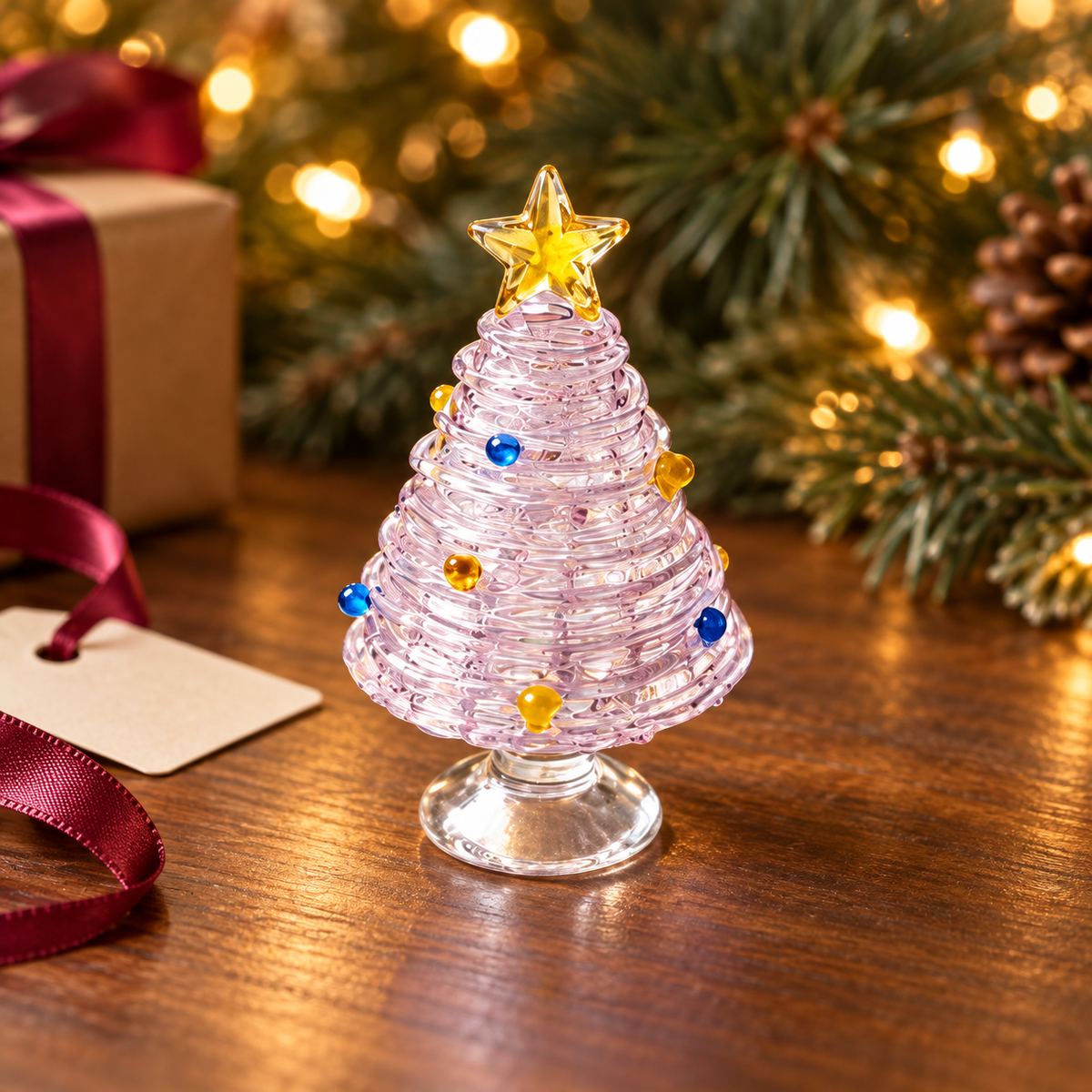 Style 10 Pink Swirl mini glass Christmas tree in a festive tabletop setting — illustrative scene; one tree sold separately; props not included.
