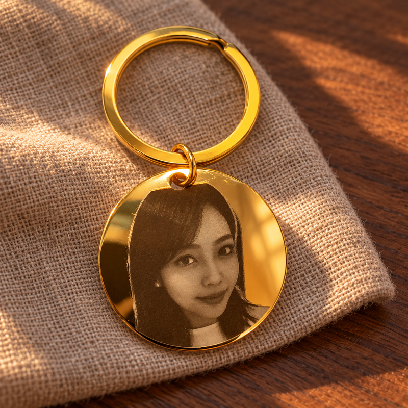 AI lifestyle visualisation of a gold mirror stainless steel round photo-engraved keyring, based on a real sample