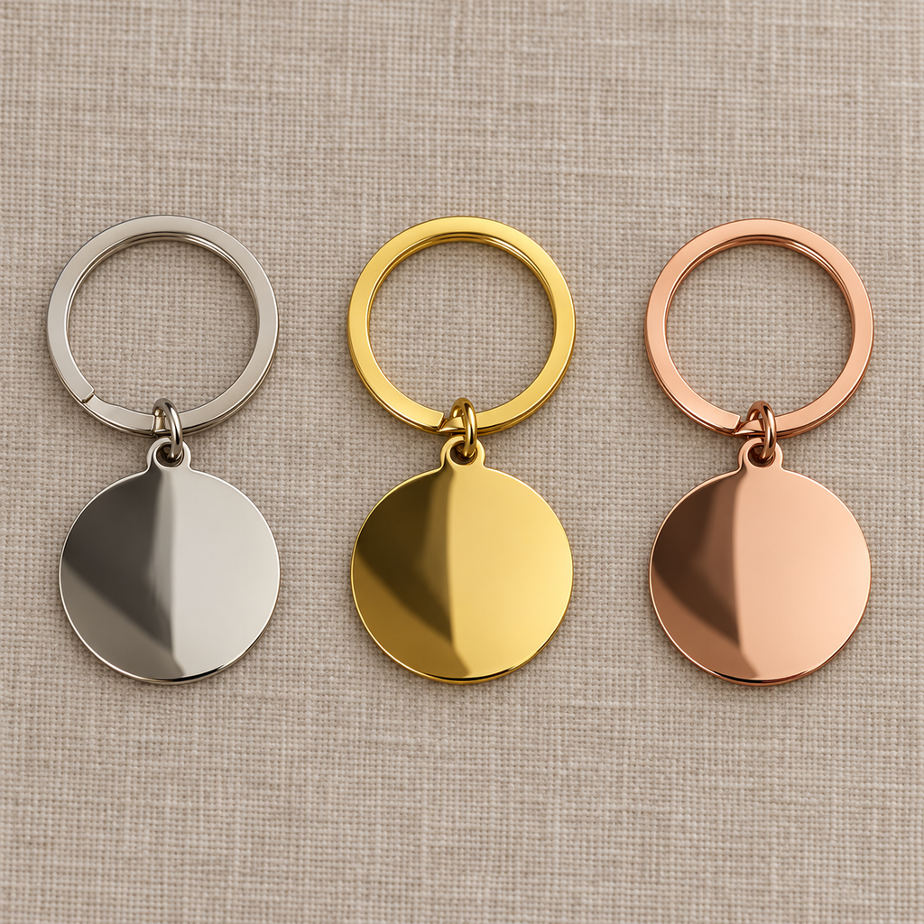 AI comparison of silver, gold and rose gold mirror stainless steel keyrings; colour options sold individually