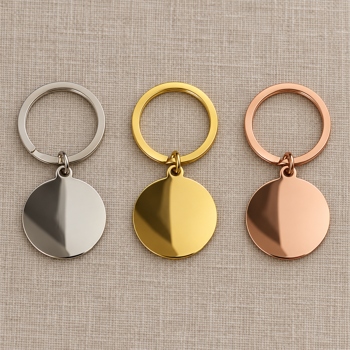 AI comparison of silver, gold and rose gold mirror stainless steel keyrings; colour options sold individually