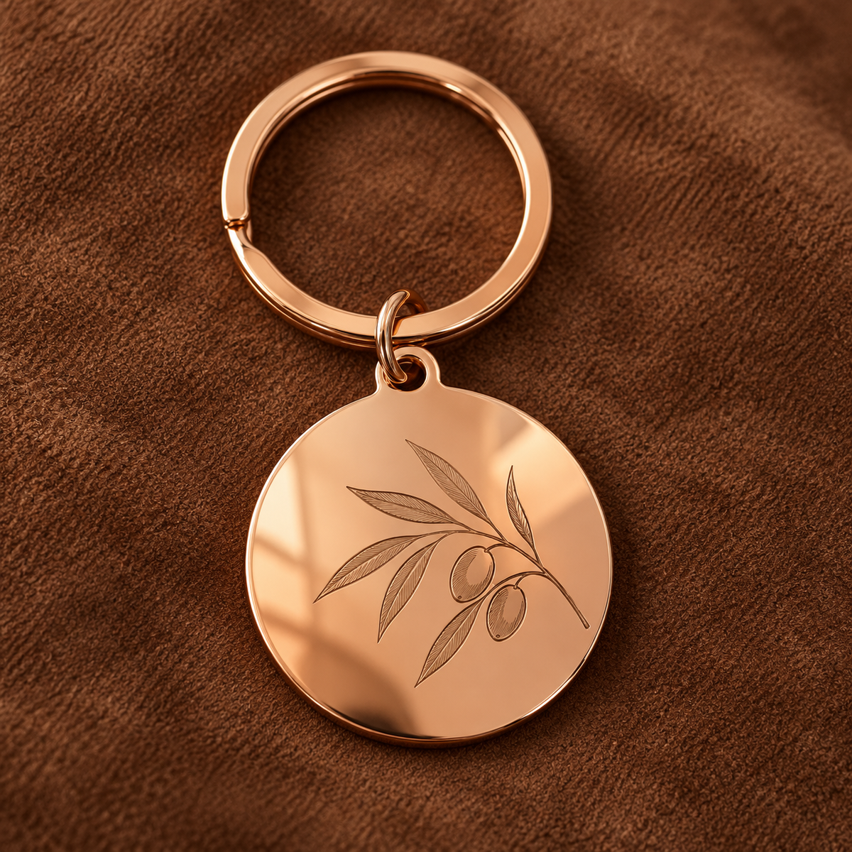 AI visualisation of a rose gold mirror keyring with a botanical engraving example