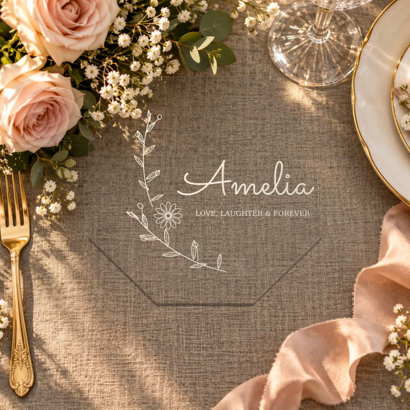 Clear octagonal acrylic wedding coaster place card in a table setting — digital scene visualization based on fixed artwork.
