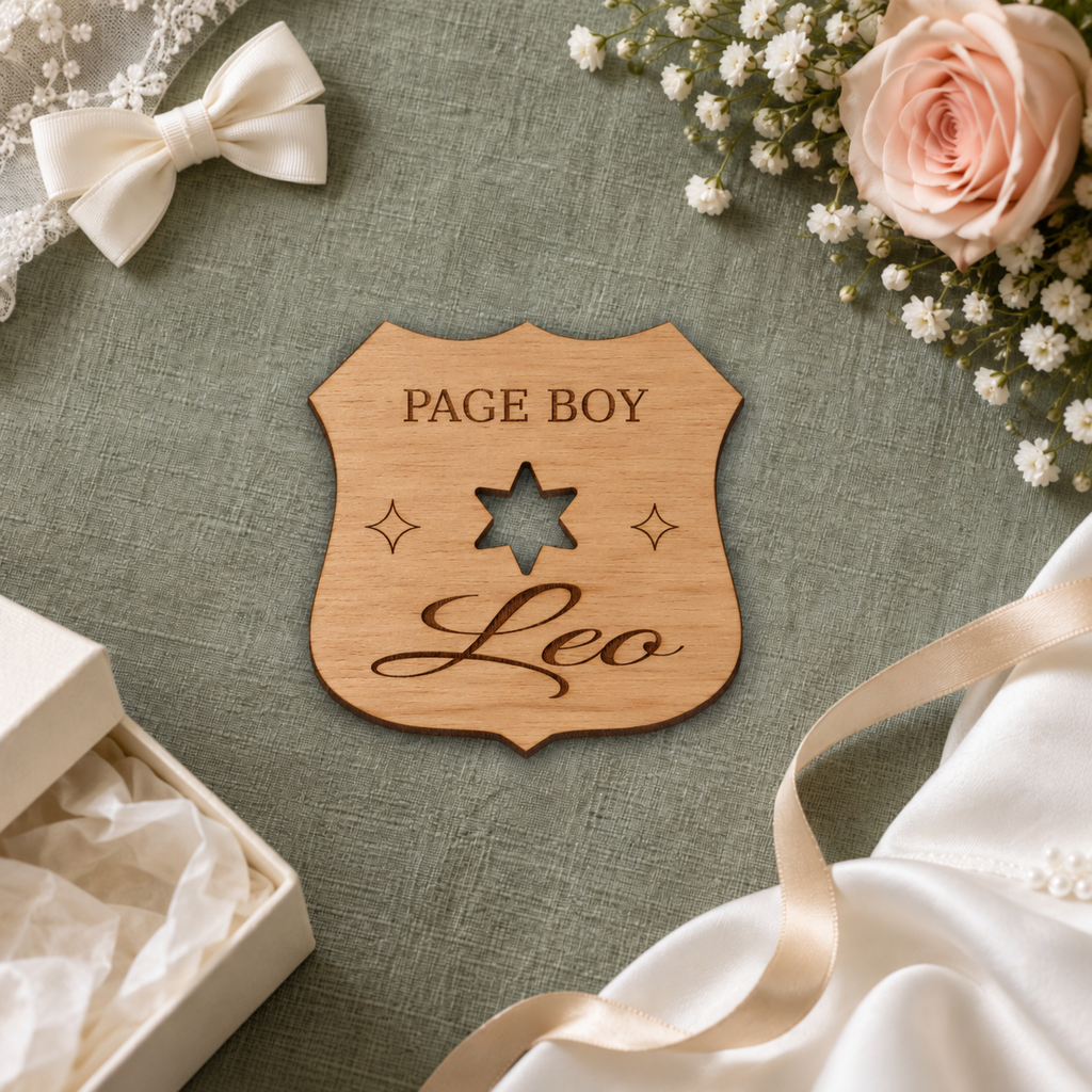 Digital lifestyle visualisation of the Leo Page Boy wooden shield badge with star cut-out and engraved lettering; styling props not included.