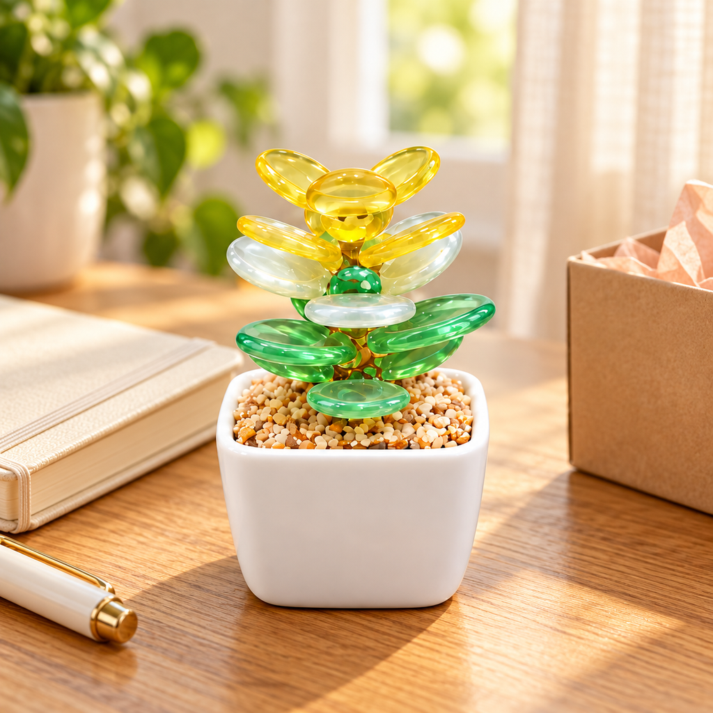 Style 01 Pastel Succulent, no personalisation, on a desk — digital scene visualization preserving the supplied glass plant and unprinted pot; styling props not included.