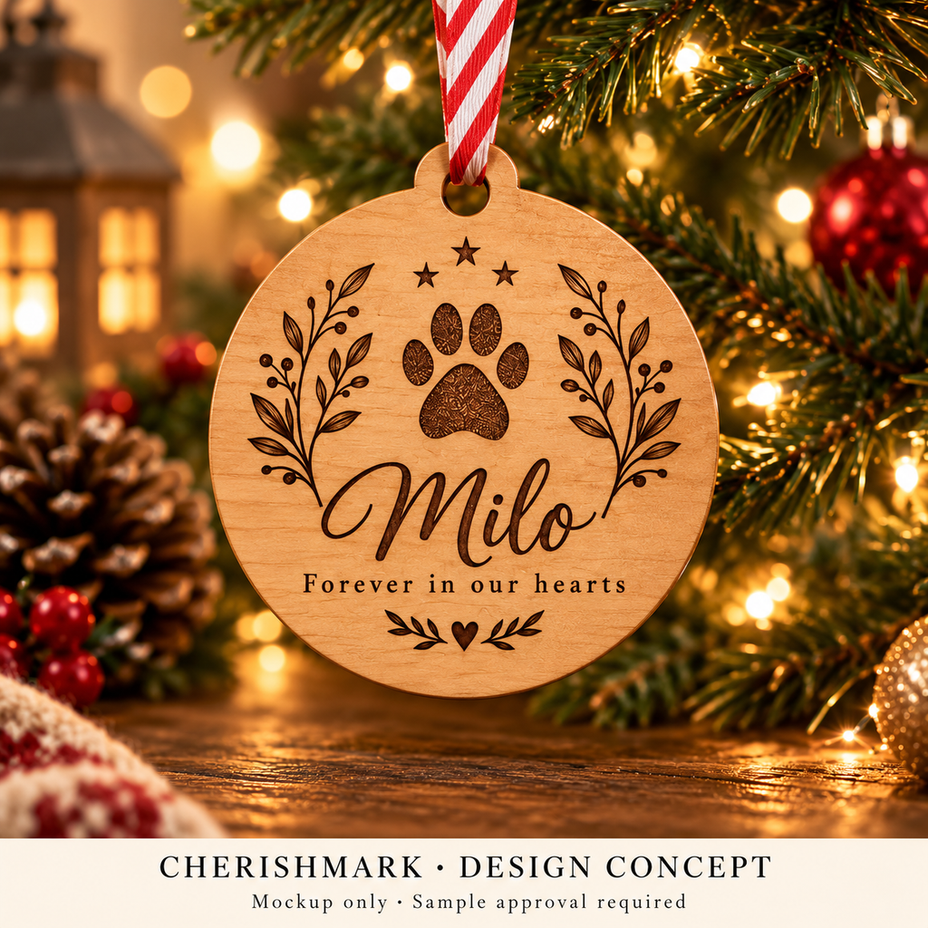 Original pet-memorial personalised product design concept; AI-generated mockup, not a finished-product photograph.